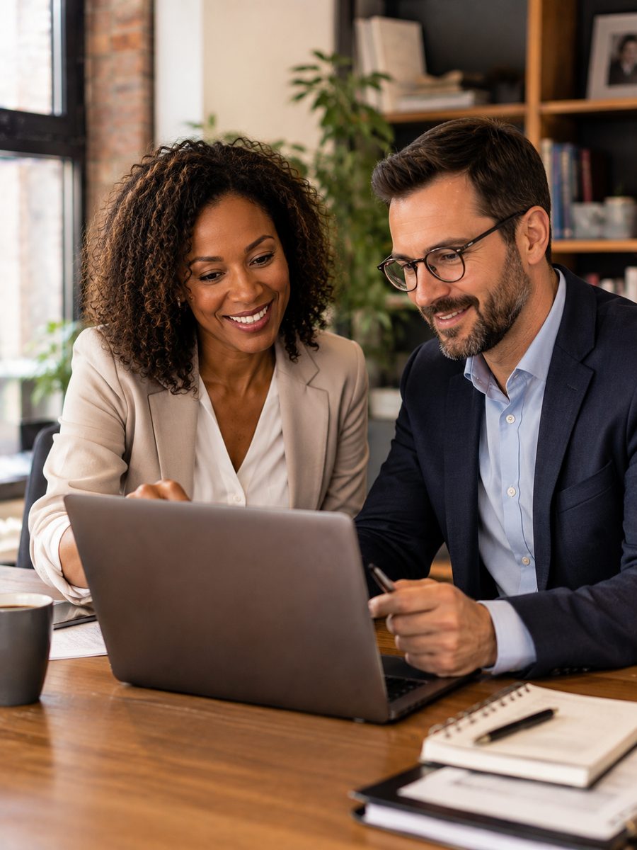 Two business professionals reviewing something together on a laptop
