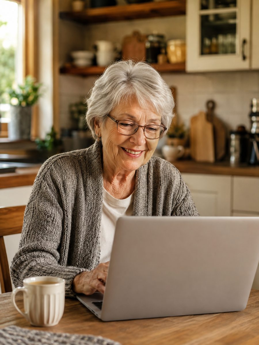 A retiree smiling while using a laptop at her kitchen table