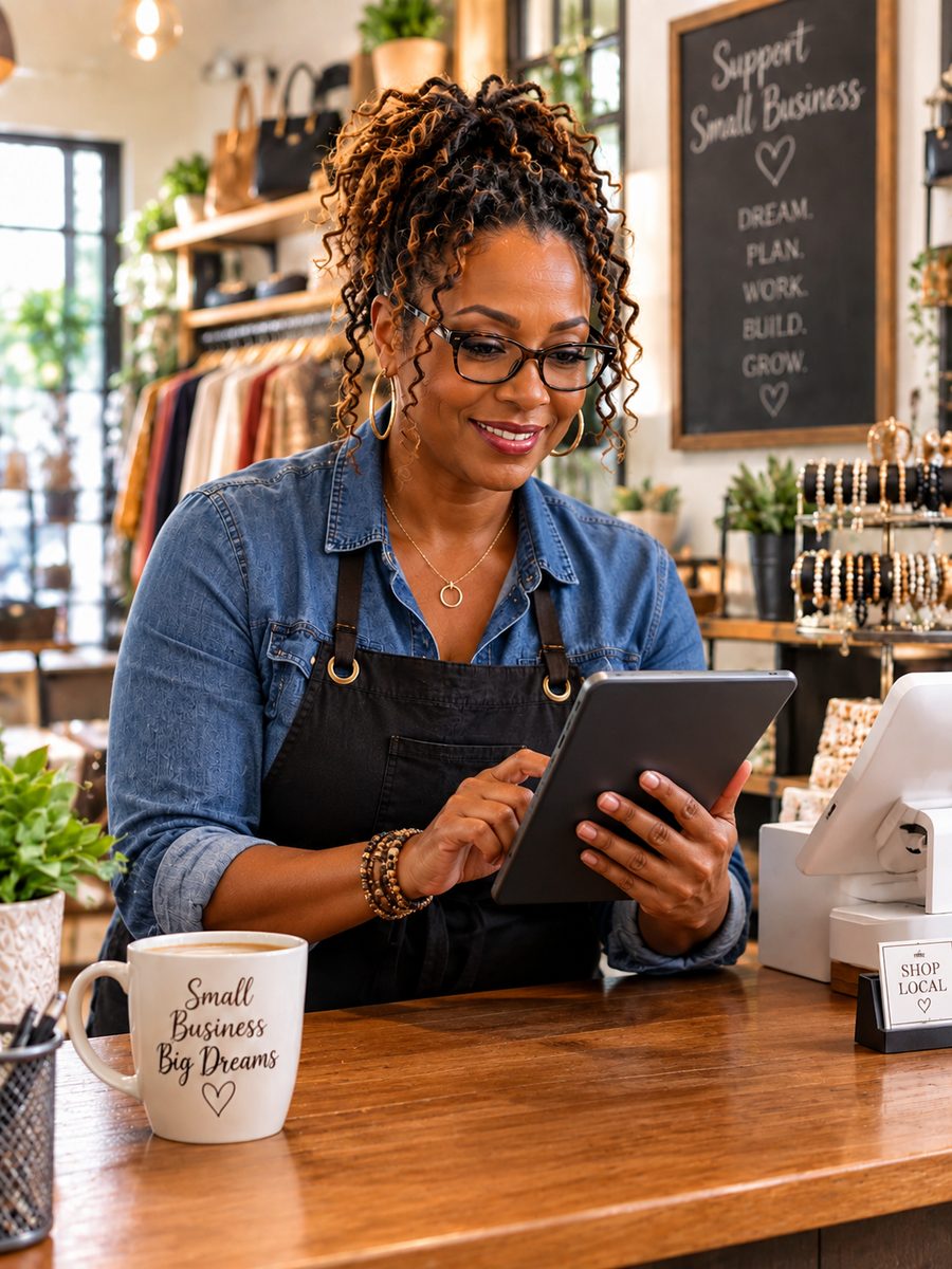 A small business owner using a tablet behind the counter of her shop