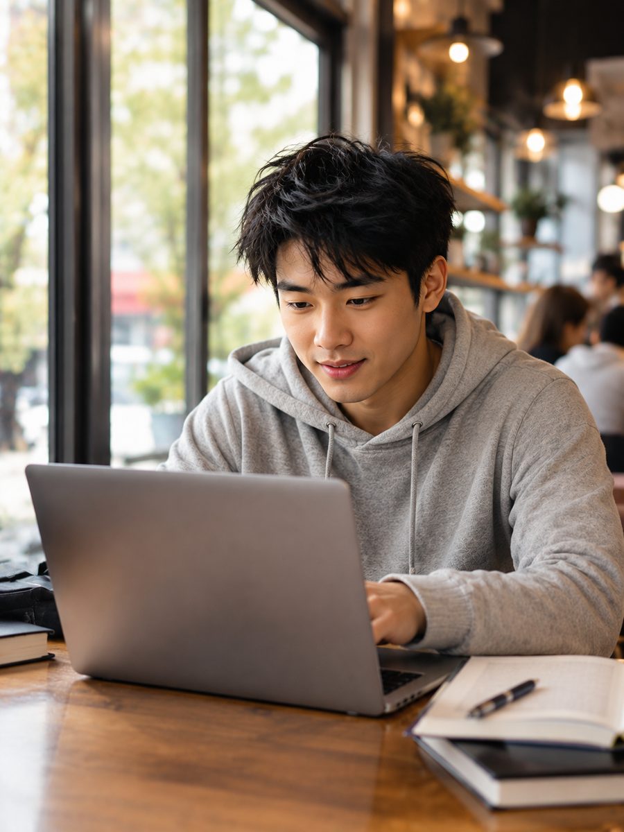 A student learning at his laptop in a café